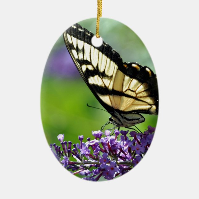 Yellow and Black Butterfly on Lavender Ceramic Tree Decoration (Front)