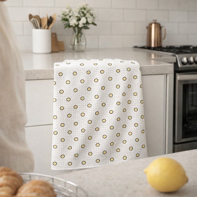 Yellow and Black Circle Pattern Tea Towel (A kitchen towel with a pattern of yellow and black dots)
