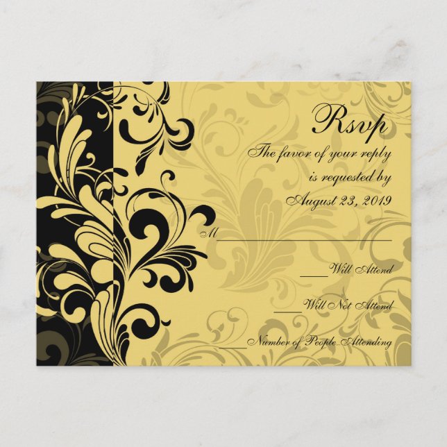 Yellow and Black Contemporary Swirl RSVP Reply Invitation Postcard (Front)