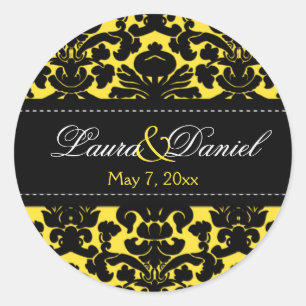Yellow and Black Damask 1.5" Wedding Sticker