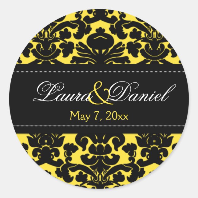 Yellow and Black Damask 1.5" Wedding Sticker (Front)