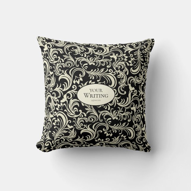 Yellow and Black Damask Personalized Cushion (Front)