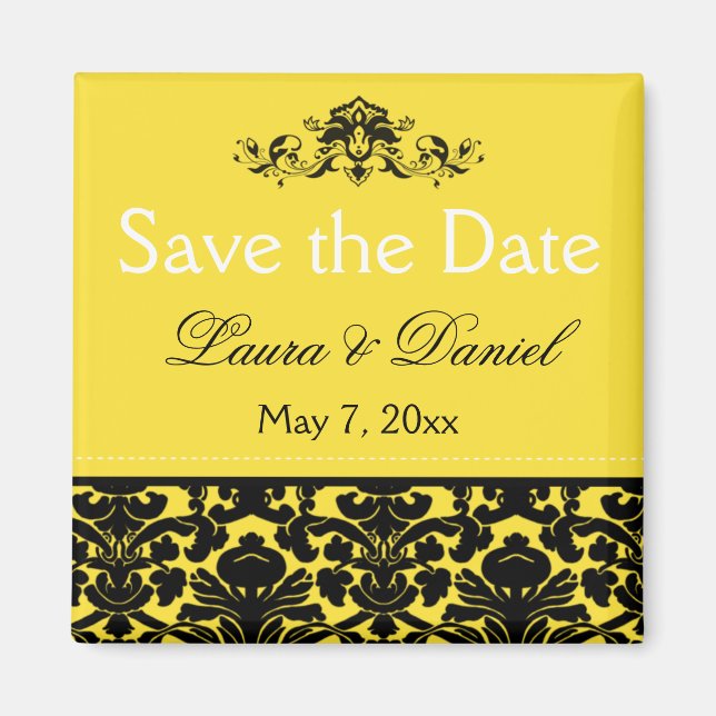 Yellow and Black Damask Save the Date Magnet (Front)