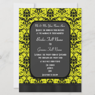 Yellow and black damask wedding invitation