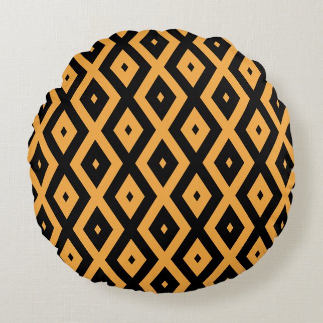 Yellow and black diamond pattern round cushion (Front)