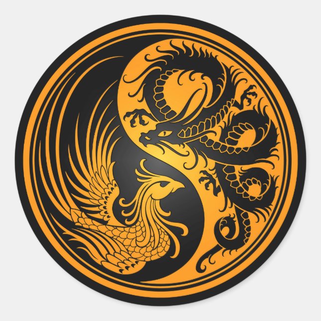 Yellow and Black Dragon Phoenix Yin Yang Classic Round Sticker (Front)