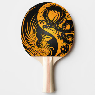 Yellow and Black Dragon Phoenix Yin Yang Ping Pong Paddle