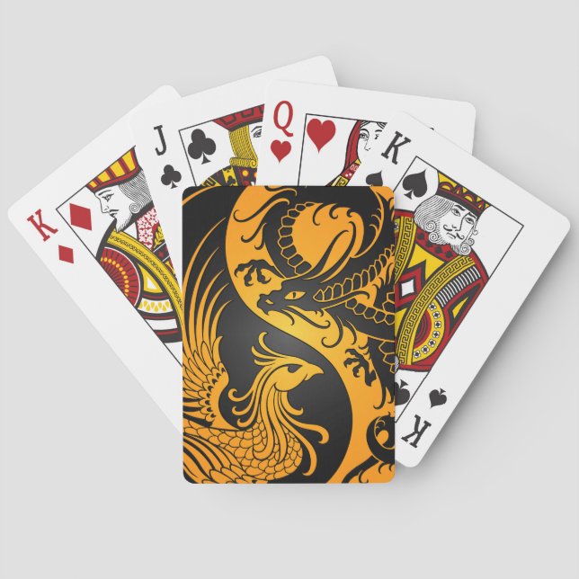 Yellow and Black Dragon Phoenix Yin Yang Playing Cards (Back)