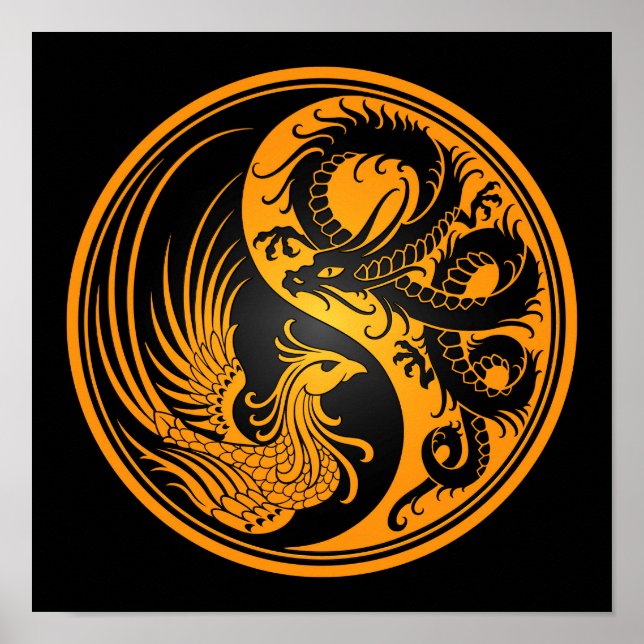 Yellow and Black Dragon Phoenix Yin Yang Poster (Front)