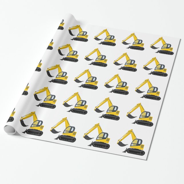 Yellow and Black Excavator Construction Machine Wrapping Paper (Unrolled)