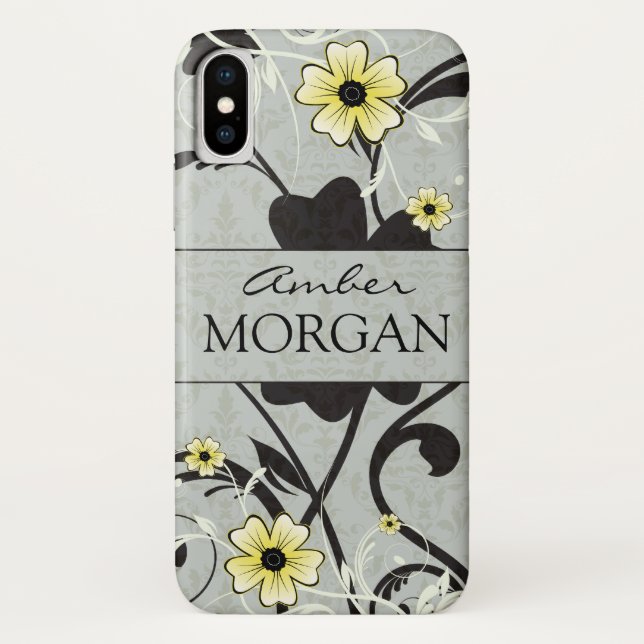 Yellow and Black Floral Monogram Case-Mate iPhone Case (Back)