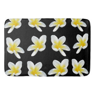 Yellow And Black Frangipani Pattern, Bath Mat
