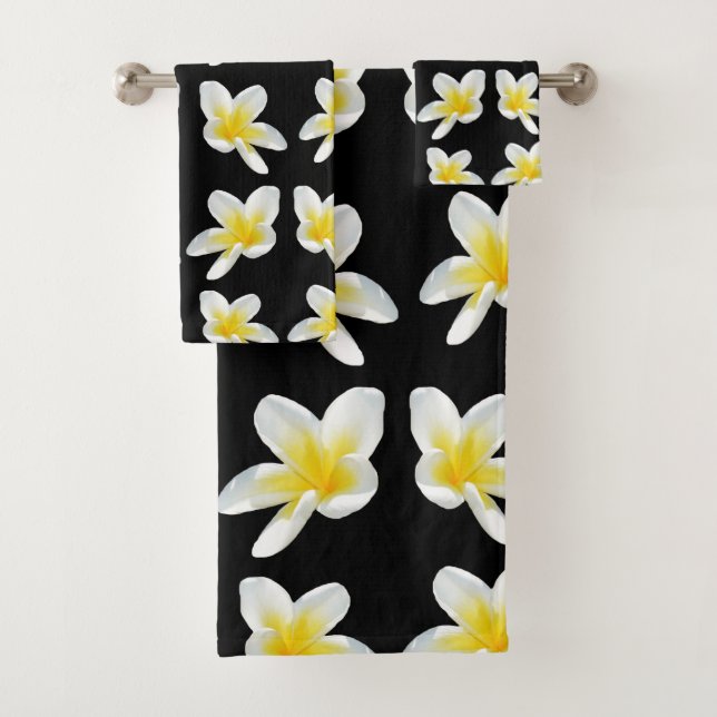 Yellow And Black Frangipani Pattern,  Bath Towel Set (Insitu)