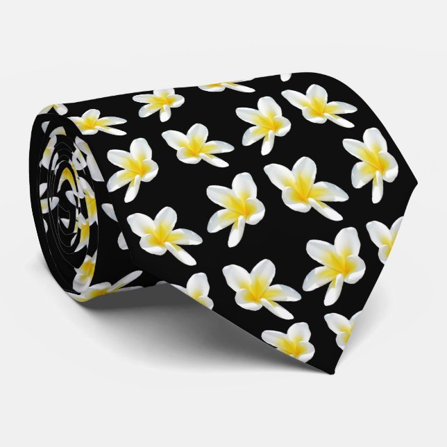 Yellow And Black Frangipani Pattern, Tie (Rolled)