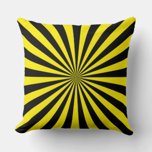Yellow and Black Funky Sun Rays Retro Stripes Cushion