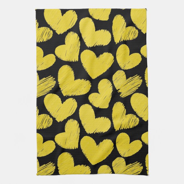 Yellow and black Hearts Kitchen Towel (Vertical)