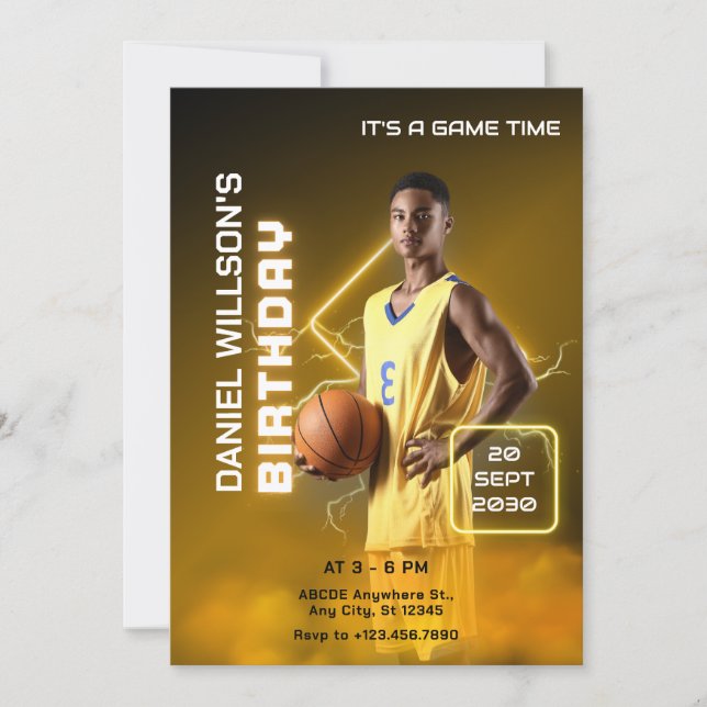Yellow and black modern basketball photo birthday  invitation (Front)