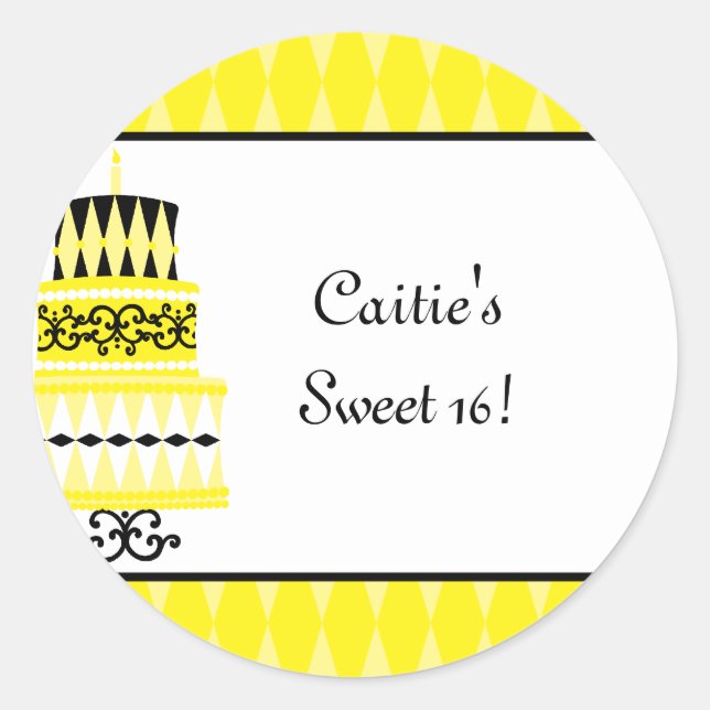 Yellow and Black Party Cake Classic Round Sticker (Front)
