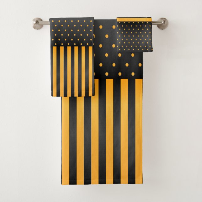 Yellow and Black Polka Dots and Stripes Bath Towel Set (Insitu)