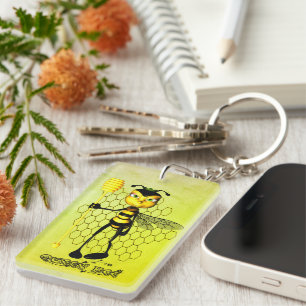 Yellow and black Queen Bee with honeycomb Key Ring