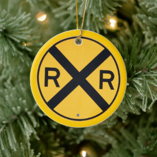 Yellow and Black Railroad Crossing Sign Photograph Ceramic Tree Decoration