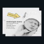 Yellow and Black Stripes Arrow Birth Announcement<br><div class="desc">Yellow and Black Stripes Arrow Birth Announcement  
 Modern birth announcement with a yellow and black stripes arrow sign. Fun and unique birth announcement yo give your family and friends.</div>