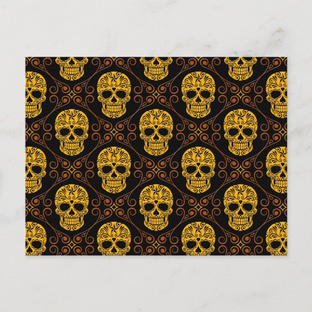 Yellow and Black Sugar Skull Pattern Postcard (Front)