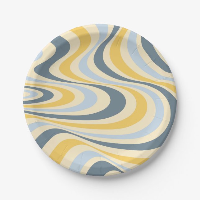 Yellow and blue abstract swirl design paper plate (Front)