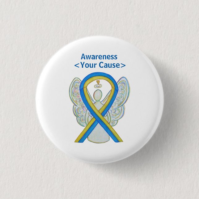 Yellow and Blue Awareness Ribbon Angel Pin Button (Front)