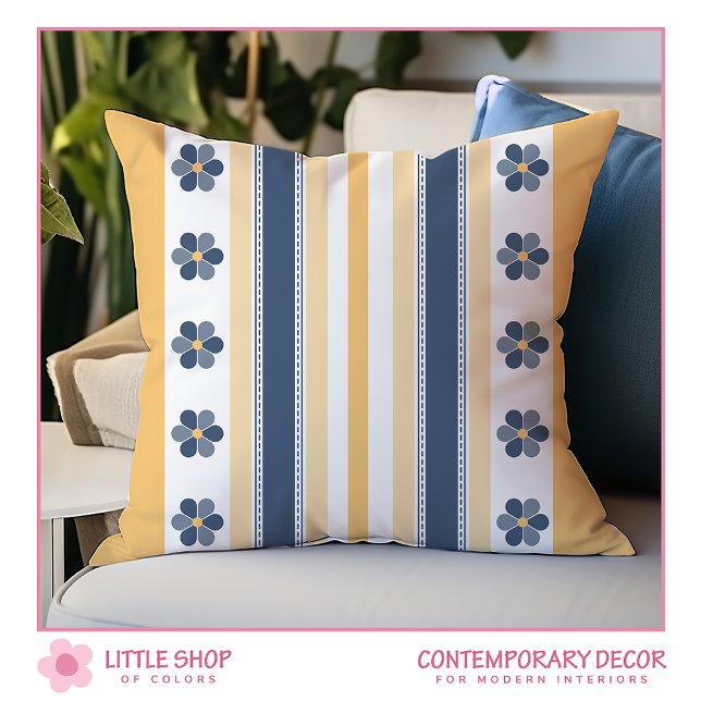 Yellow and Blue Bold Stripes Floral Cushion (Creator Uploaded)