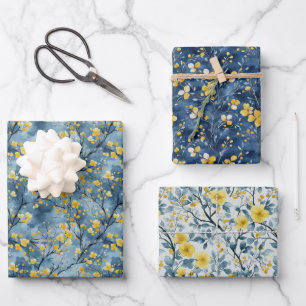 Yellow and Blue Branches and Blossoms Wrapping Paper Sheet