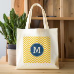 Yellow and Blue Chevron Pattern with Monogram Tote Bag<br><div class="desc">A trendy design with bright colours and a place to add your monograms or other text. If you need to adjust the artwork,  click on the customise button and make changes.</div>