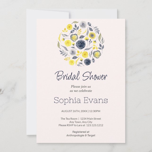 Yellow and Blue Floral Bouquet Bridal Shower Invitation (Front)