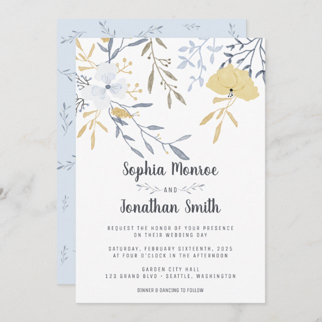 Yellow and Blue Floral Branches Wedding Invitation (Front/Back)
