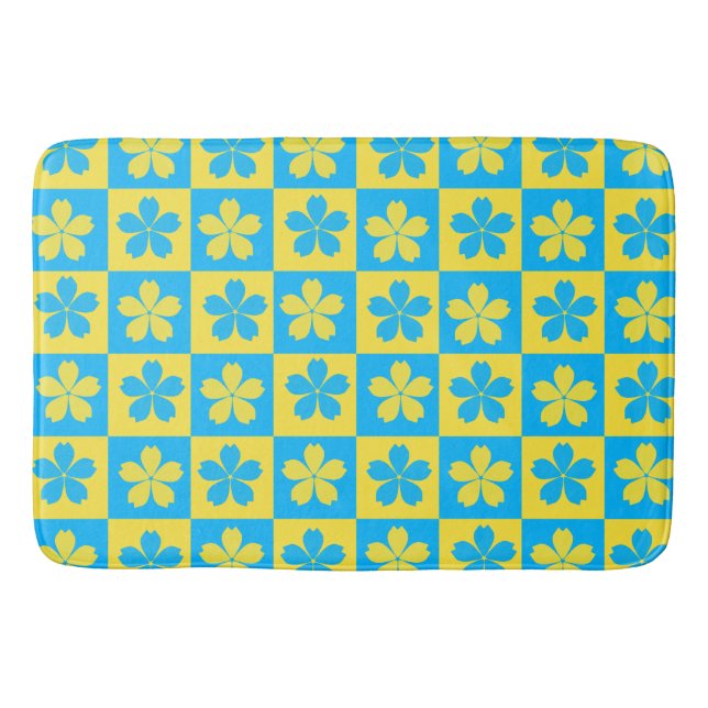 Yellow and blue floral chequered Board Bath Mat (Front)