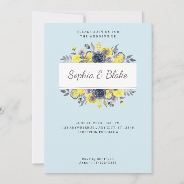 Yellow and Blue Floral Frame Light Blue Wedding Invitation (Front)