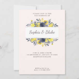 Yellow and Blue Floral Frame Pale Pink Wedding Invitation