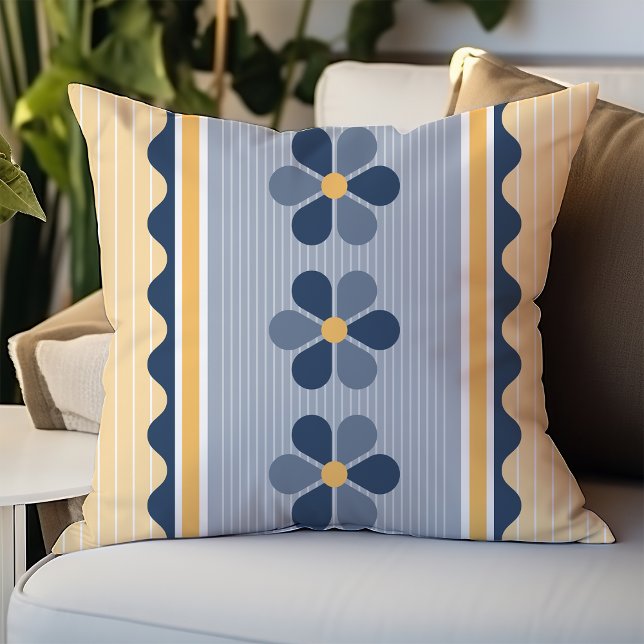 Yellow and Blue Floral Stripe Cushion (Creator Uploaded)