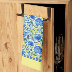 Yellow And Blue Florals Tea Towel