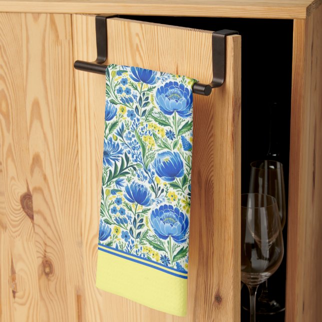 Yellow And Blue Florals  Tea Towel (Thirds Fold)