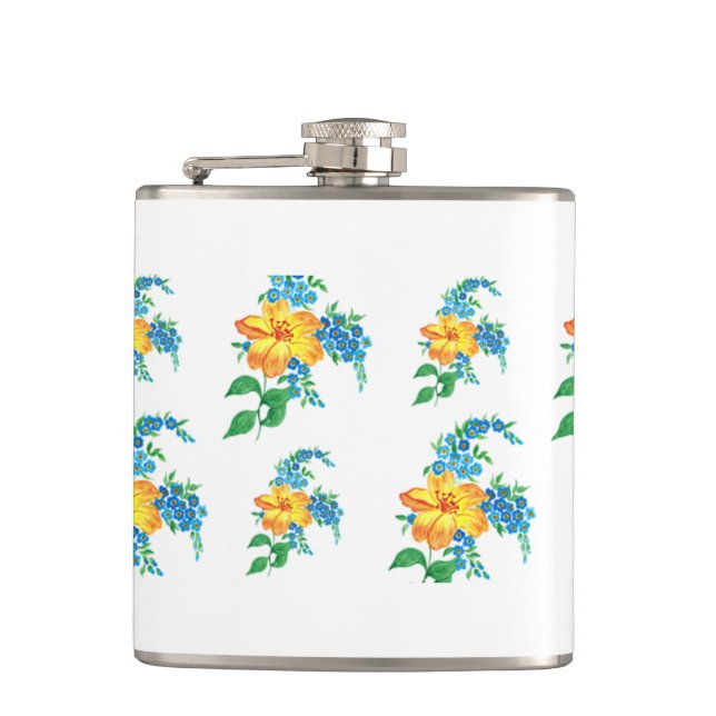 Yellow and Blue Flower  Hip Flask (Front)
