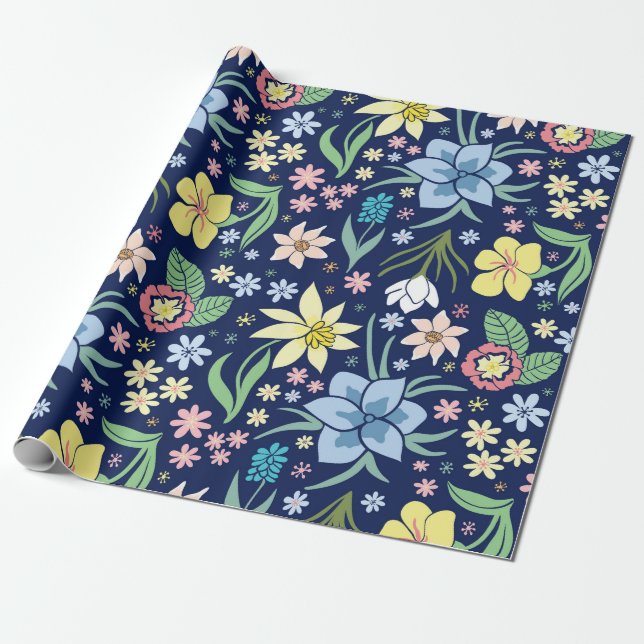 Yellow and blue flowers pattern wrapping paper (Unrolled)