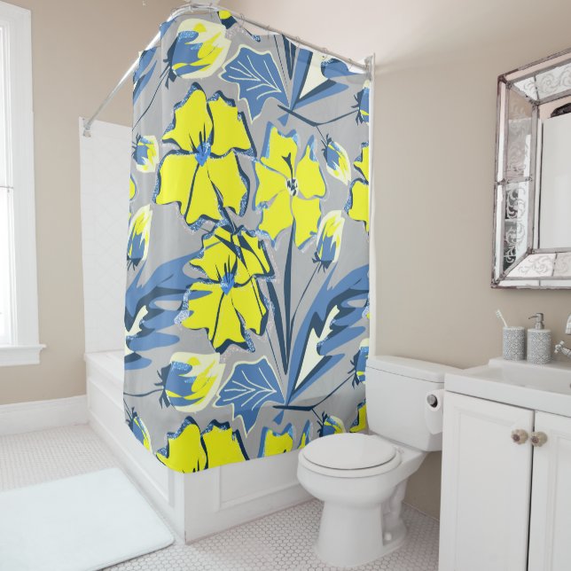 Yellow and blue flowers with sparkles. shower curtain (In Situ)
