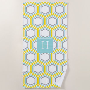 Yellow and Blue Geometric Pattern and Monogram Beach Towel