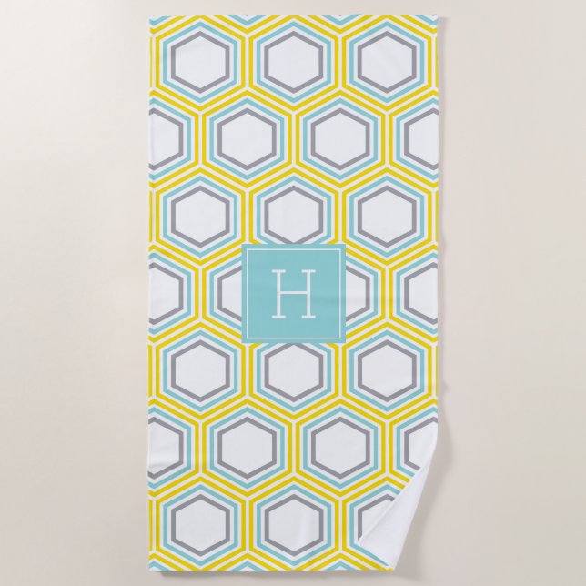 Yellow and Blue Geometric Pattern and Monogram Beach Towel (Front)