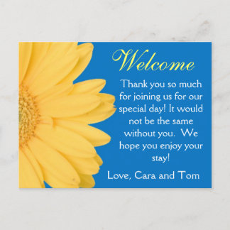 Yellow and Blue Gerber Daisy Wedding Welcome Bag Postcard