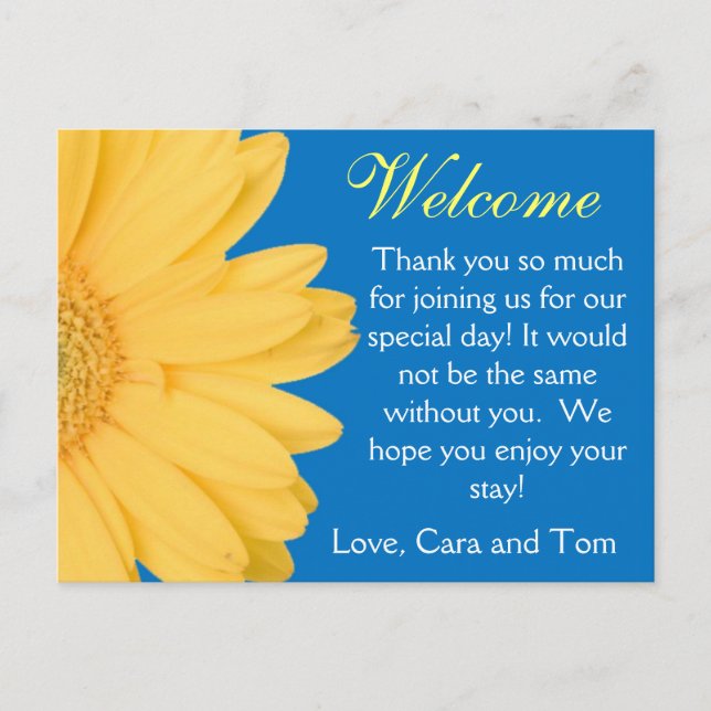 Yellow and Blue Gerber Daisy Wedding Welcome Bag Postcard (Front)