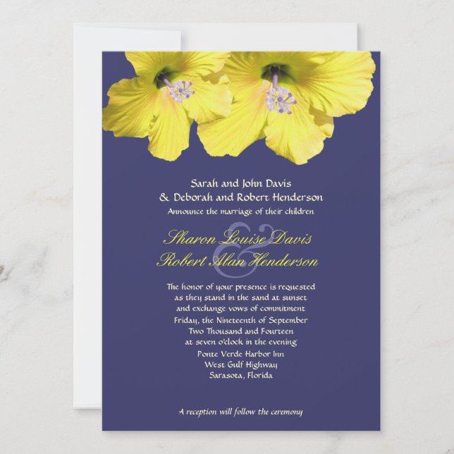 Yellow And Blue Hibiscus Wedding Invitation (Front)