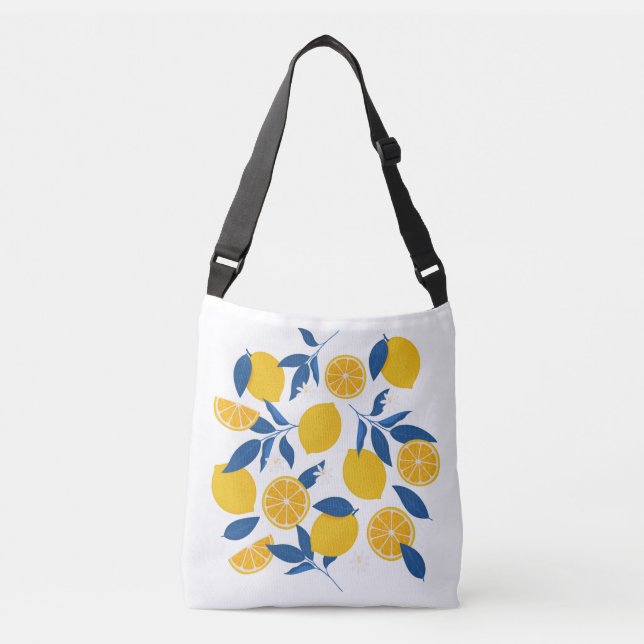 Yellow and Blue Illustrated Lemon Pattern Crossbody Bag (Front)