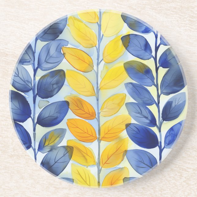 Yellow and Blue Leaves Coaster (Front)